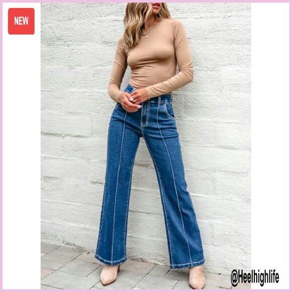 Wide Leg High Waisted Stretch Denim Jeans Baggy Casual Pants - Picture 4 of 8